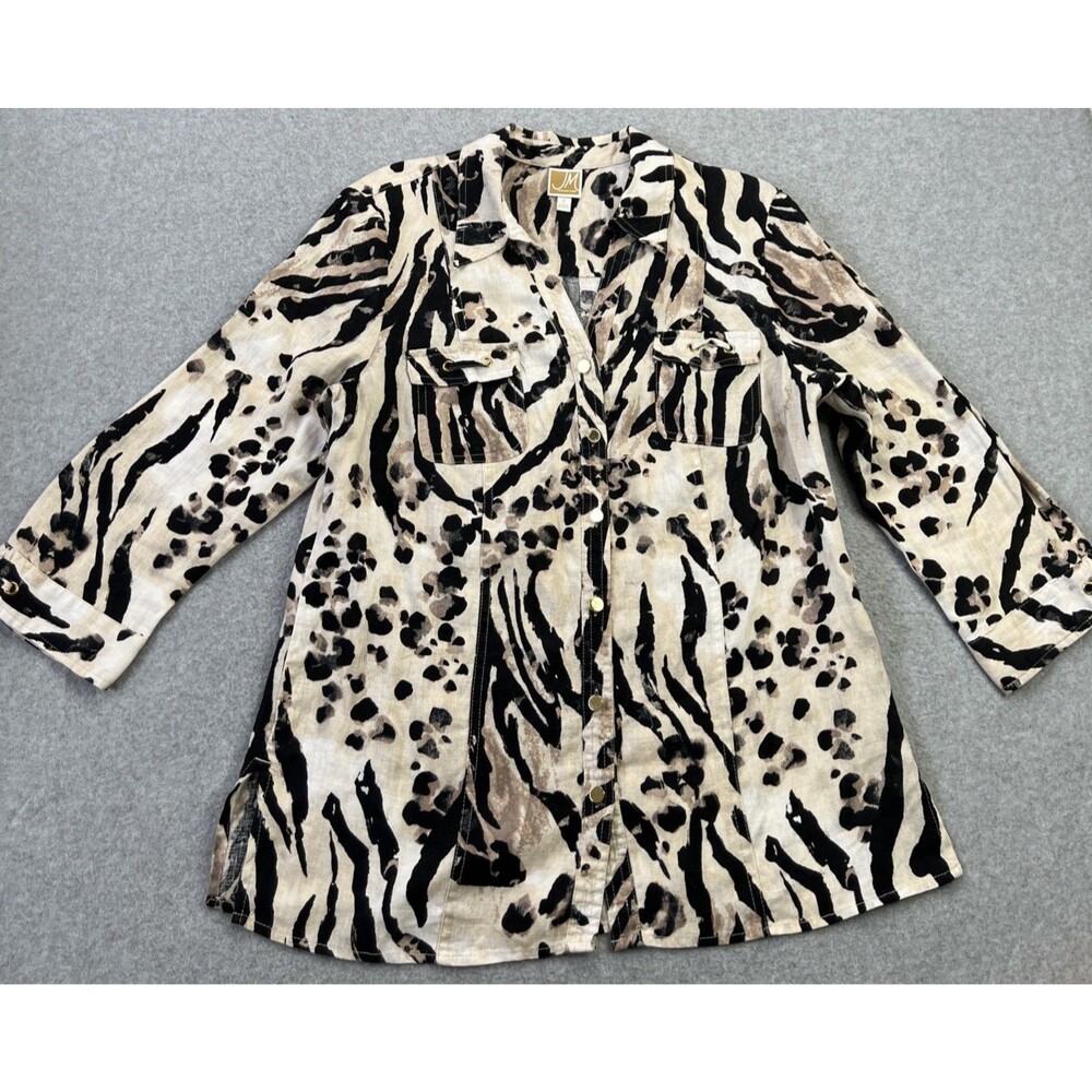 JM Collection Button Up Tunic Shirt Size 12 White Animal Print 100% Linen Safari